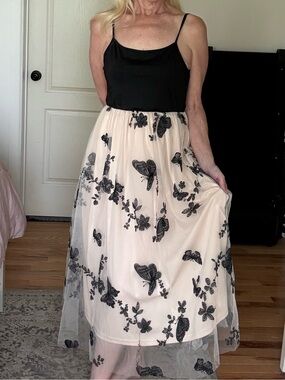 Black & Blush Embroidered Butterfly Tulle Midi Dress – XL NWOT